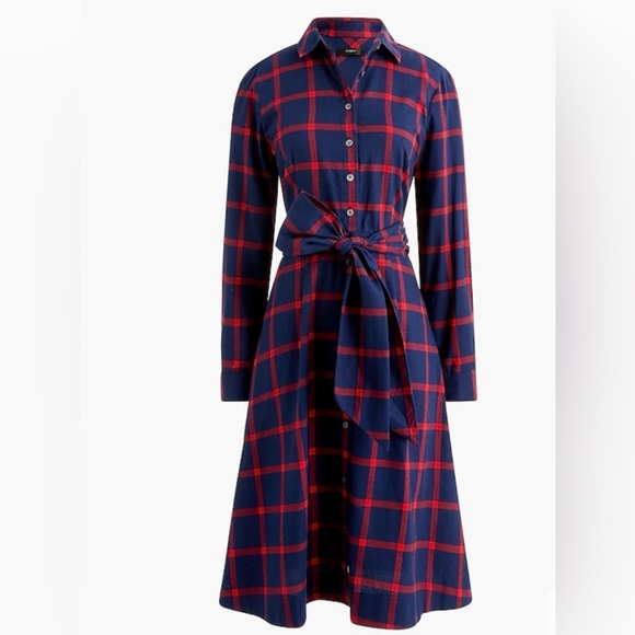 J. Crew Dresses & Skirts - J. Crew Red Blue Plaid Check Flannel Button Up Dress Bow Tie Waist 100%Cotton